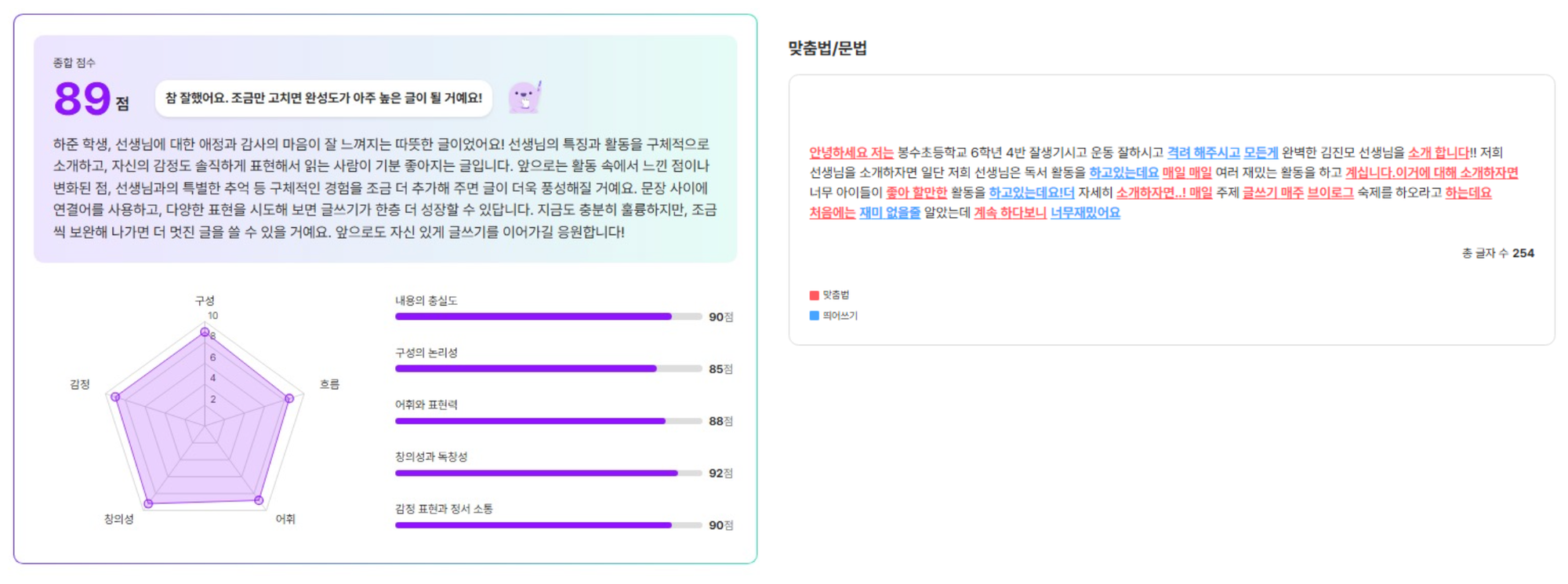 클래스팅 AI 글쓰기 결과 화면